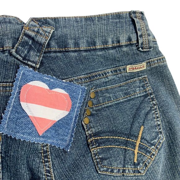 Patched Boho Jeans Pink Hearts Wide Leg Upcycled Denim Womens 4 Hydraulic - Picture 10 of 13